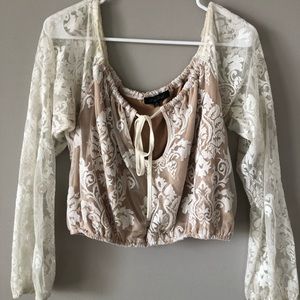 White and Nude Lace Off the Shoulder Blouse
